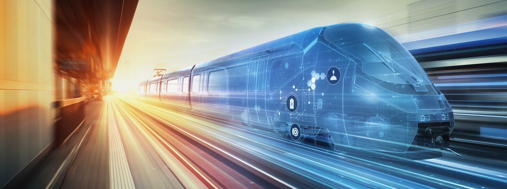Futuristic train speeding through a digital landscape.