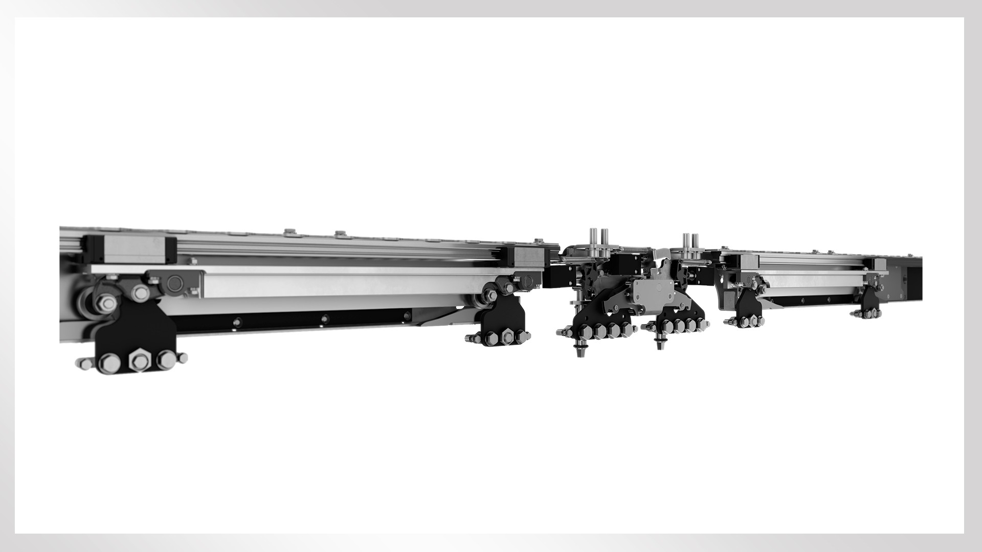 Precision engineering components on white background.
