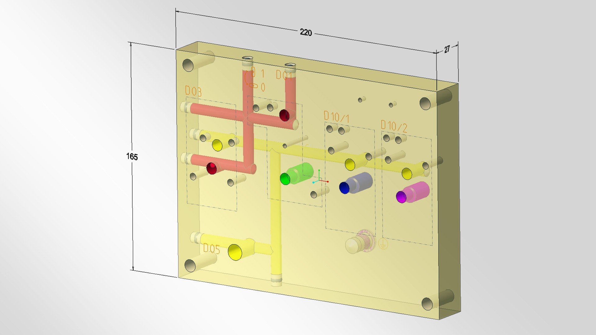 3D model of a hydraulic control panel