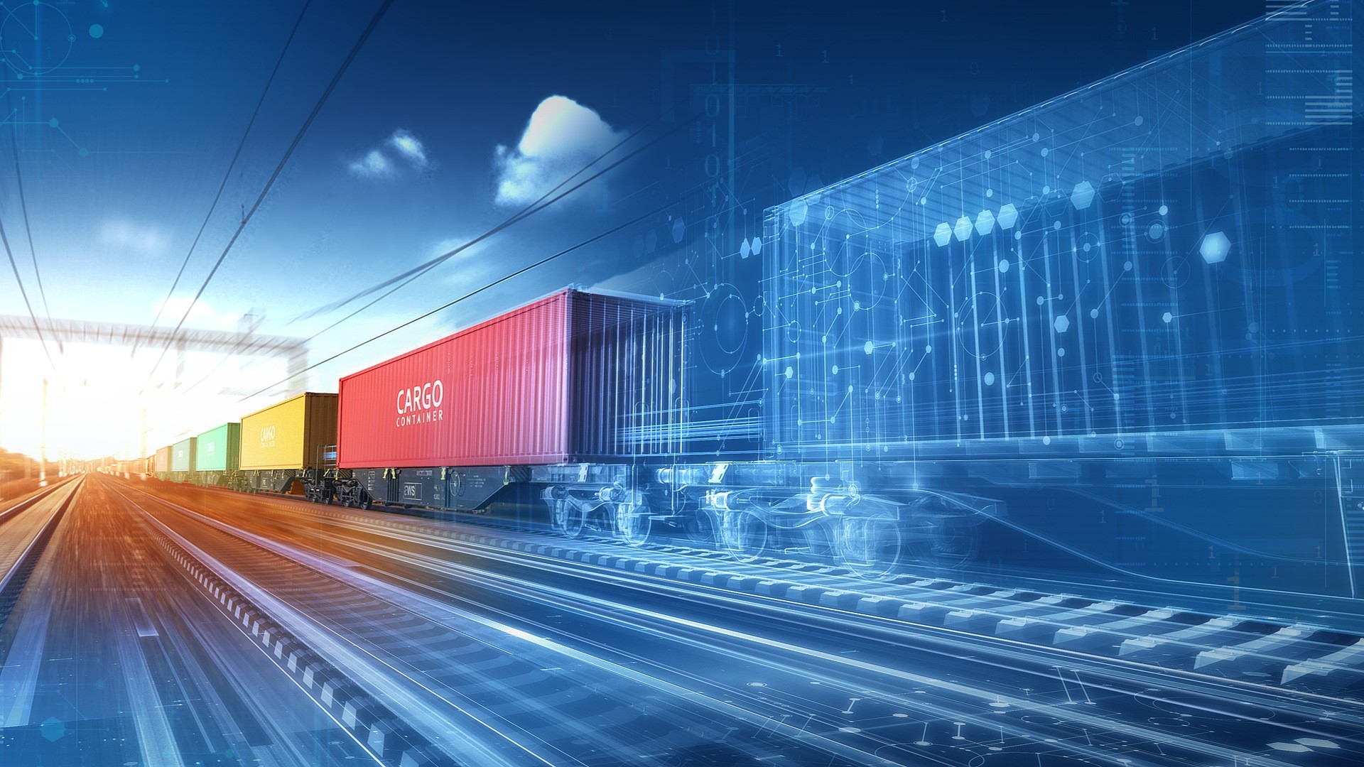 Digital illustration of freight train with containers.