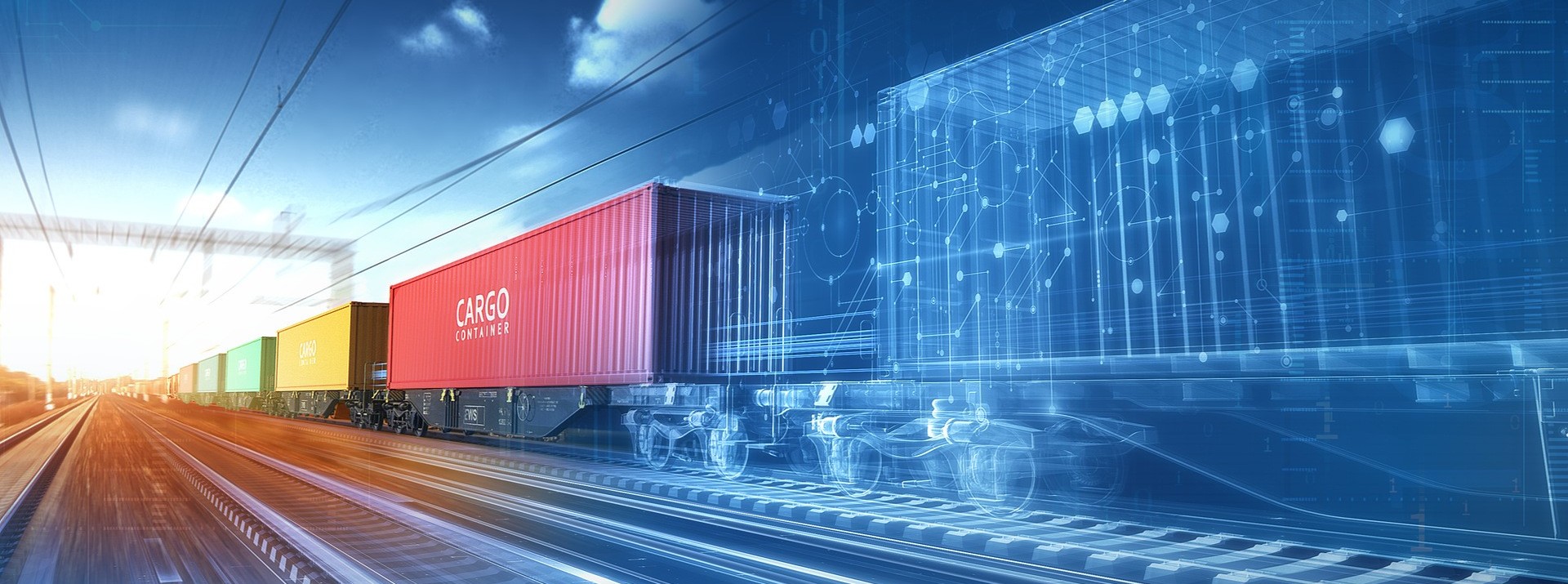Digital illustration of freight train with containers.