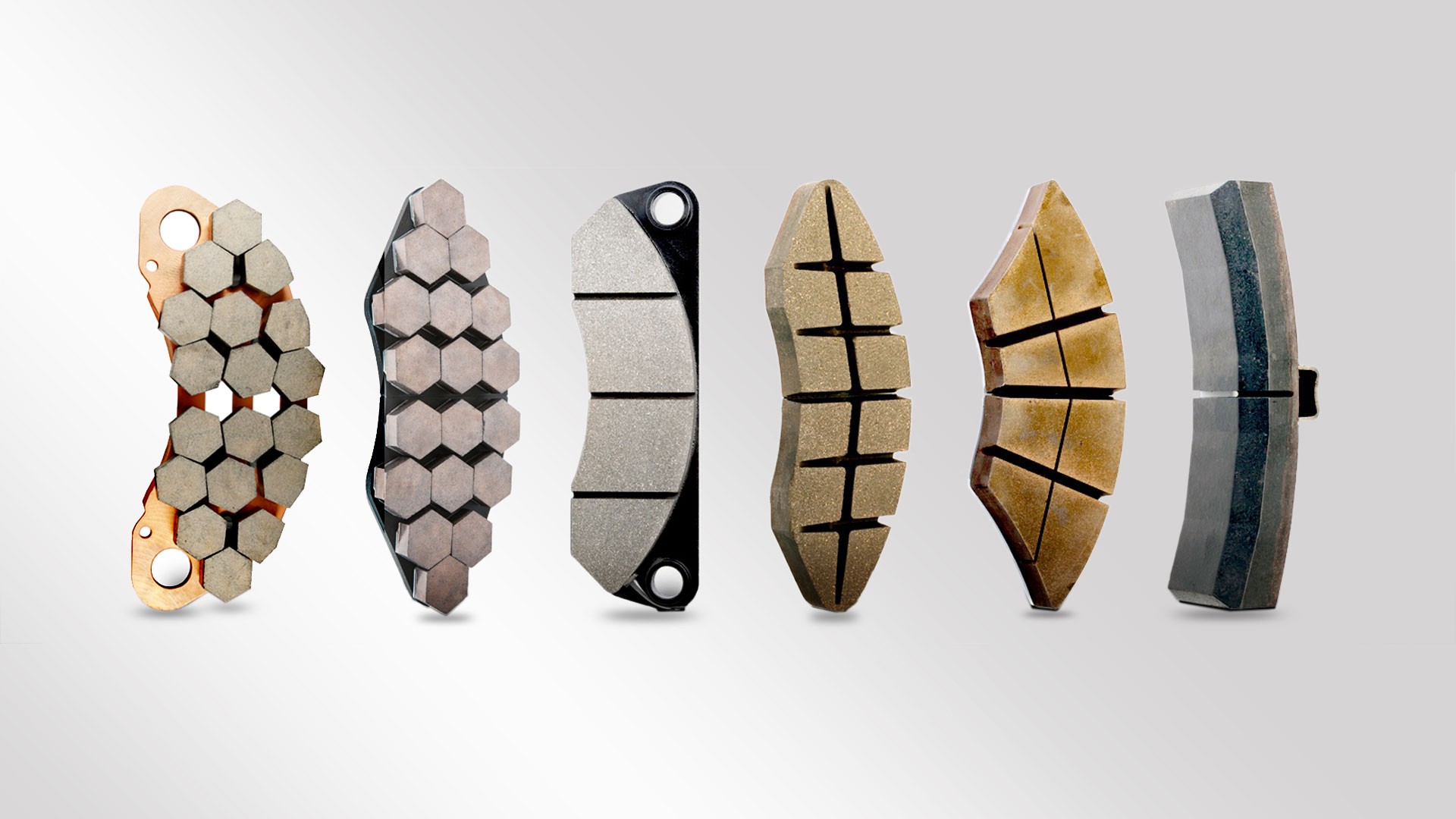 Brake pads showcasing various designs and materials