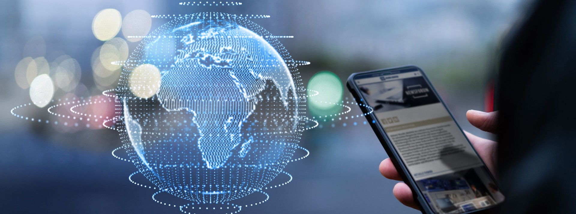 Weltkugel-Visualisierung über Smartphone-Bildschirm.