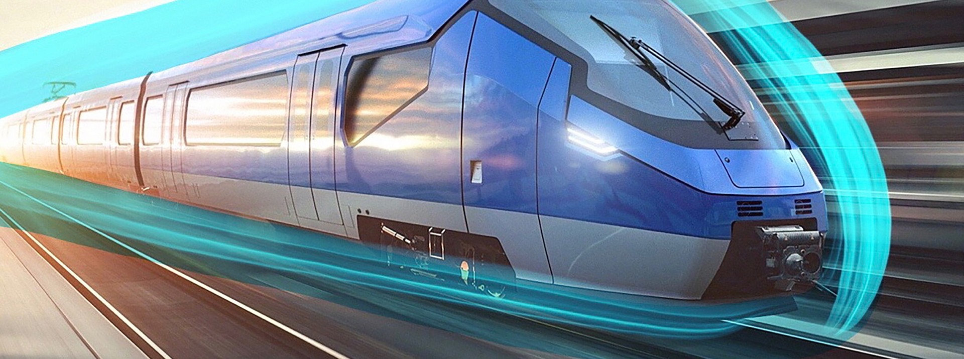 High-speed train in motion on railway tracks.