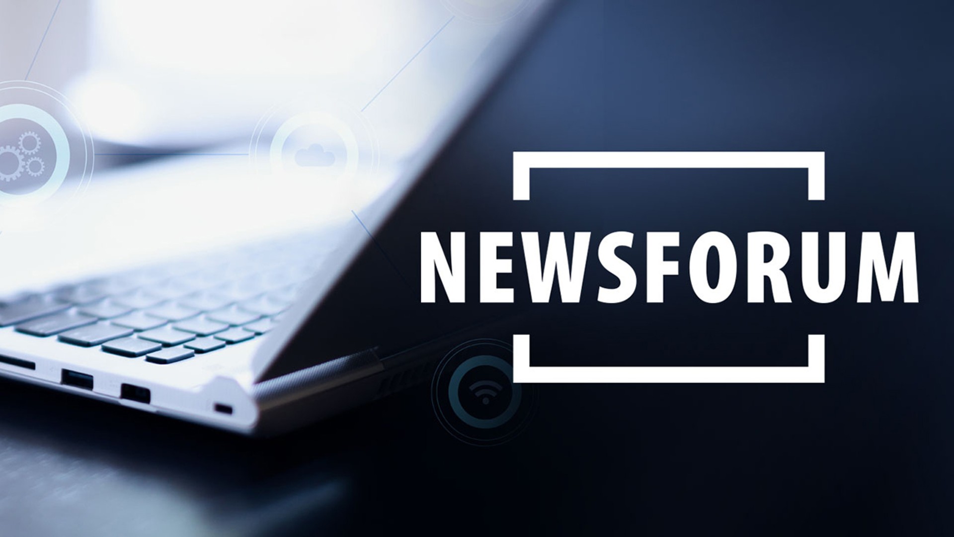 Laptop with digital icons and Newsforum branding