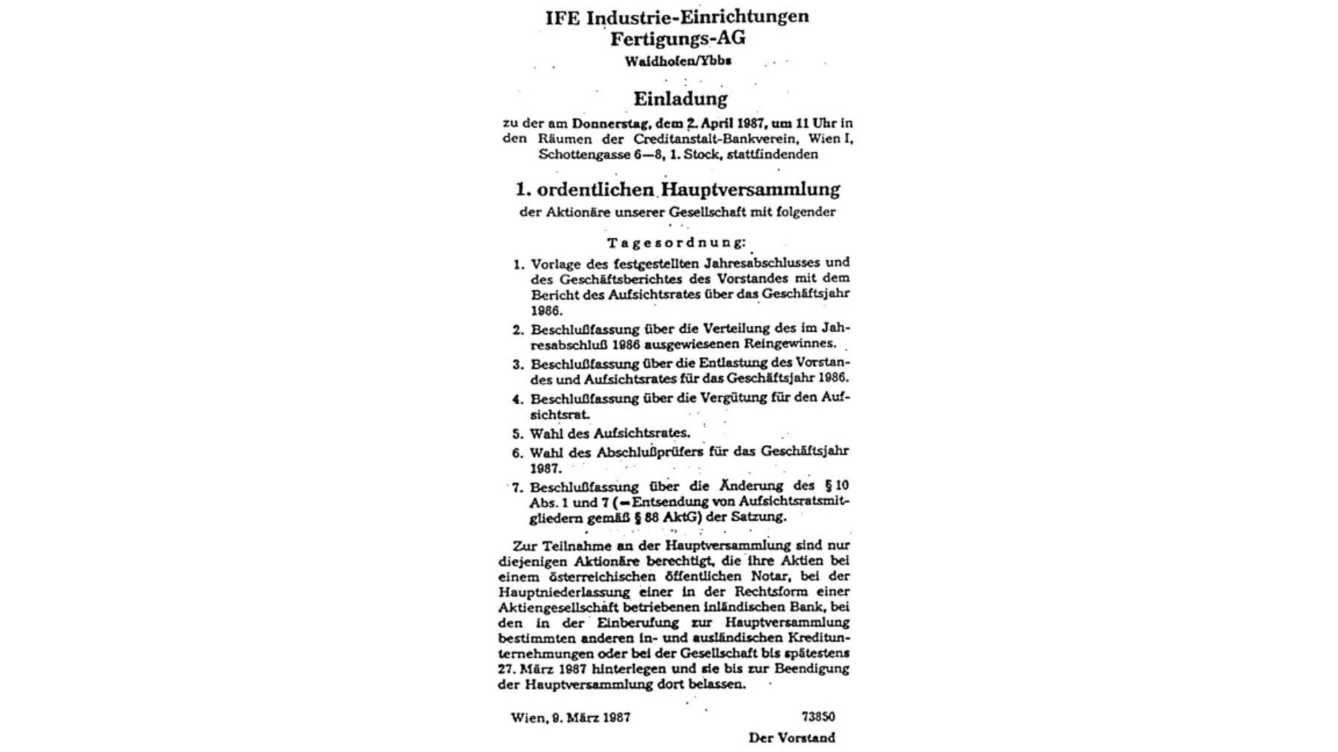 Invitation to IFE Hauptversammlung, April 2, 1987.