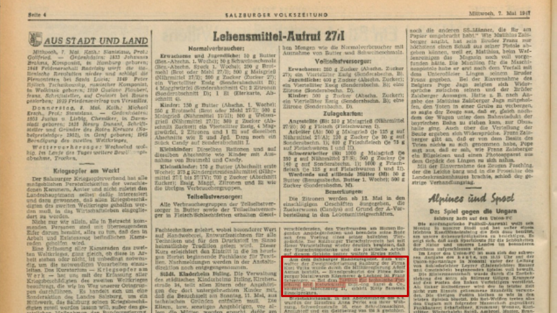 Historical newspaper article from May 1947.