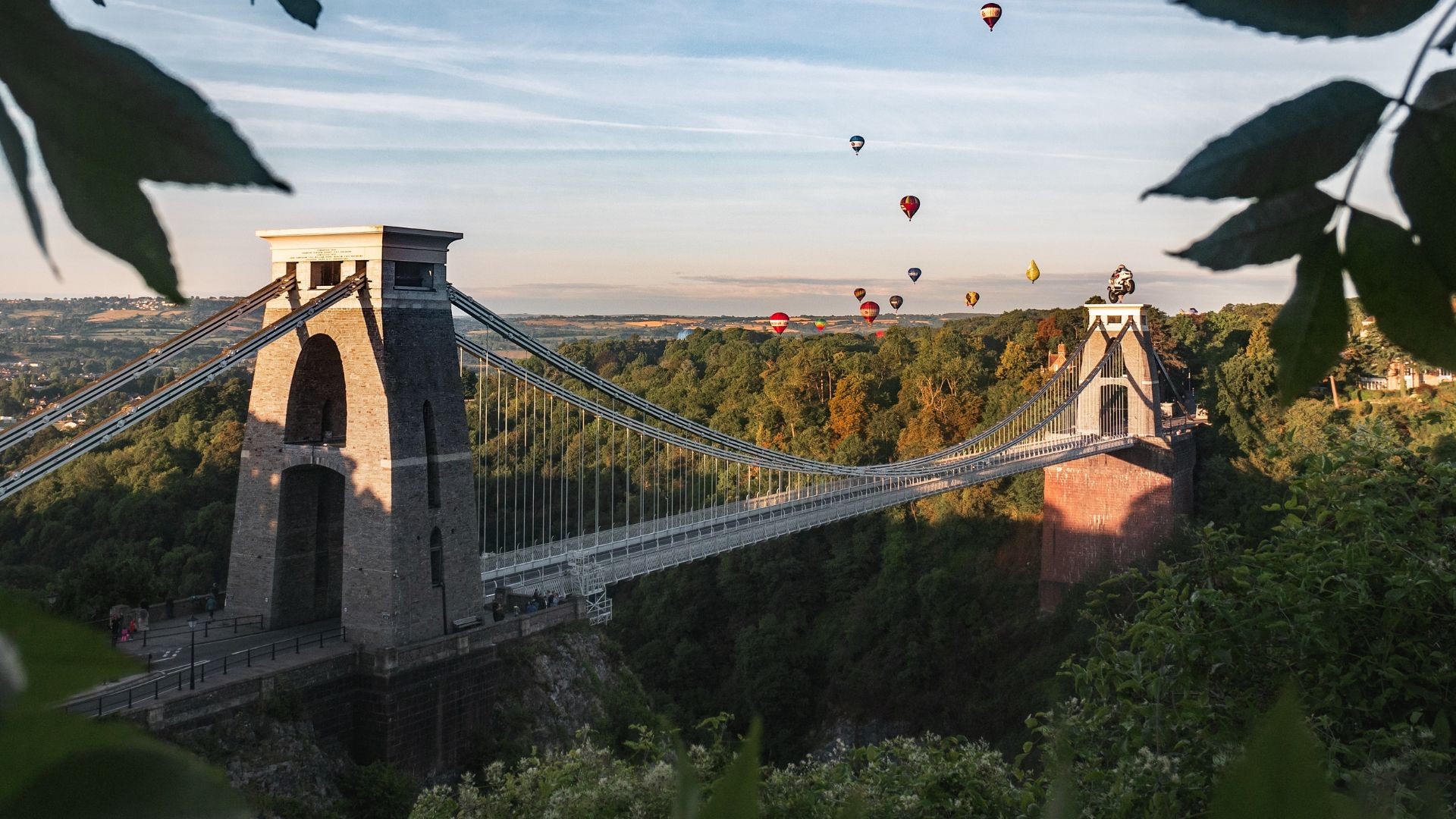 Clifton Suspension Bridge with hot air balloons.