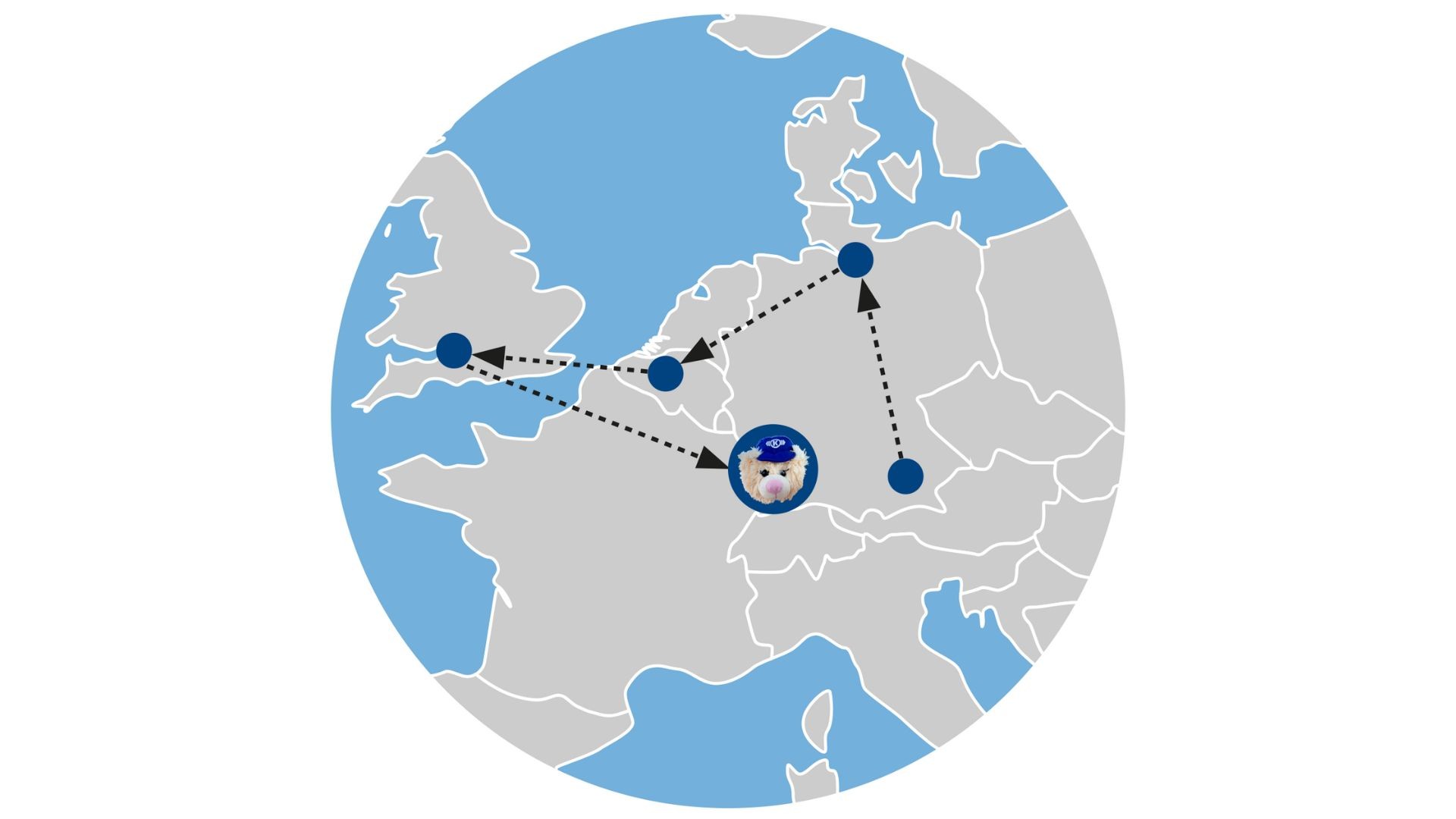 Global map with connection routes across Europe.