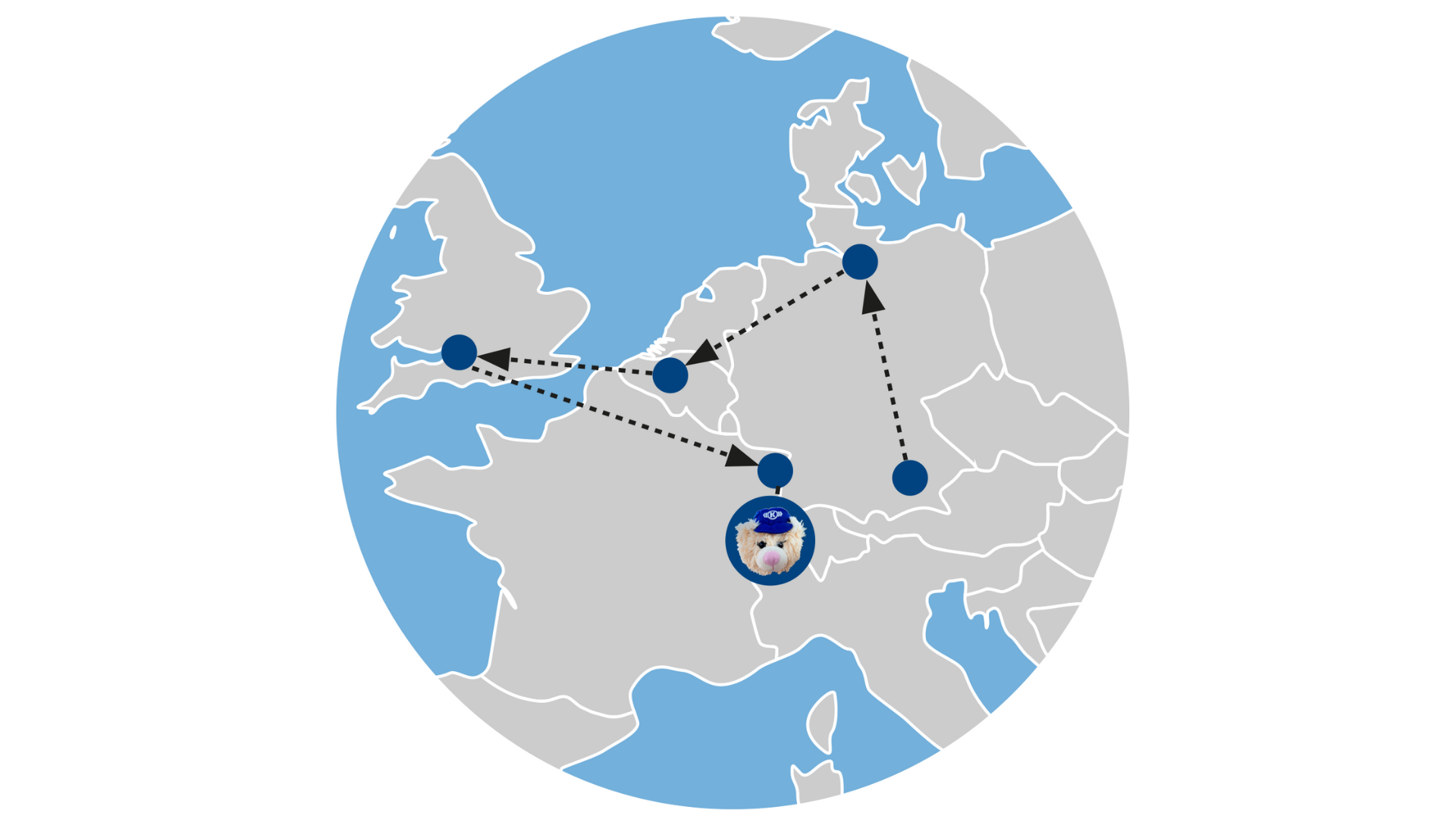 European map with connected locations and mascot.