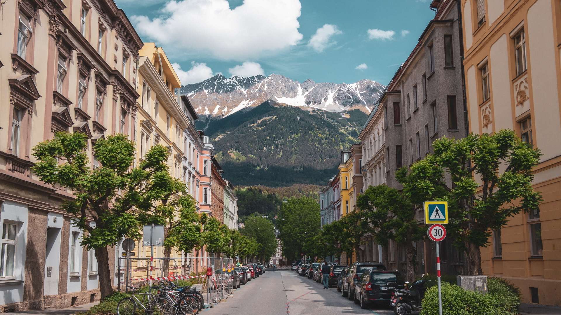 Scenic street view with mountains in background