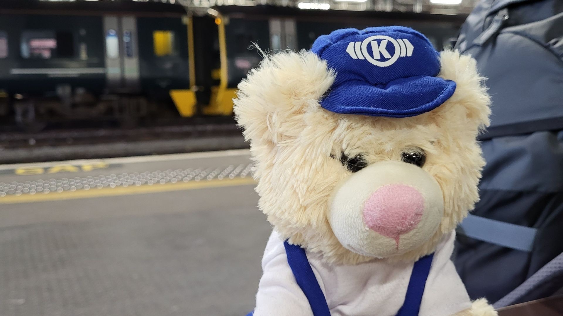 Teddy bear wearing blue cap at train