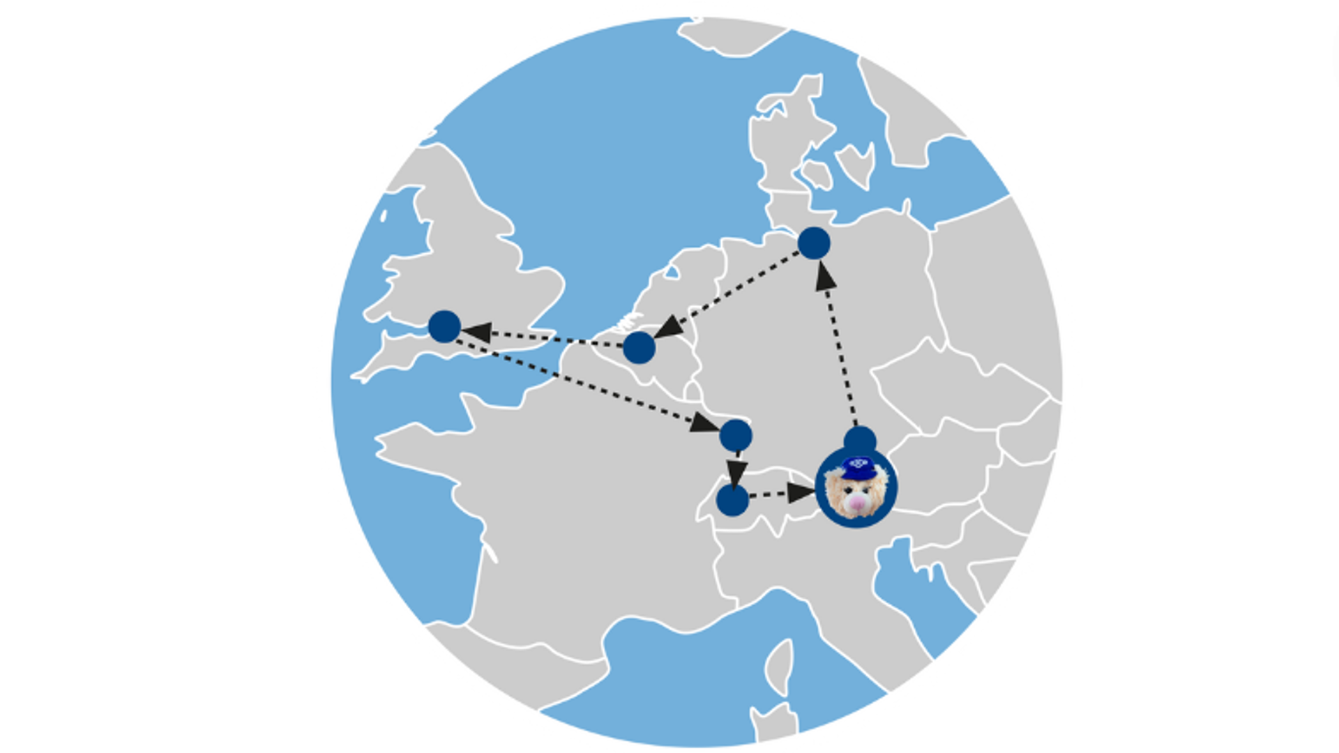 Map showing connections across Europe with landmarks.