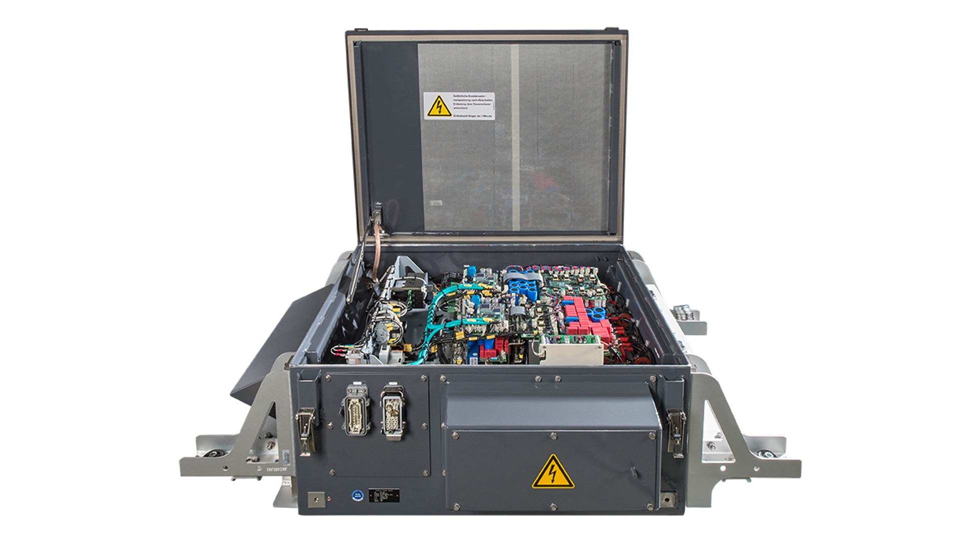 Electrical control unit with open lid.