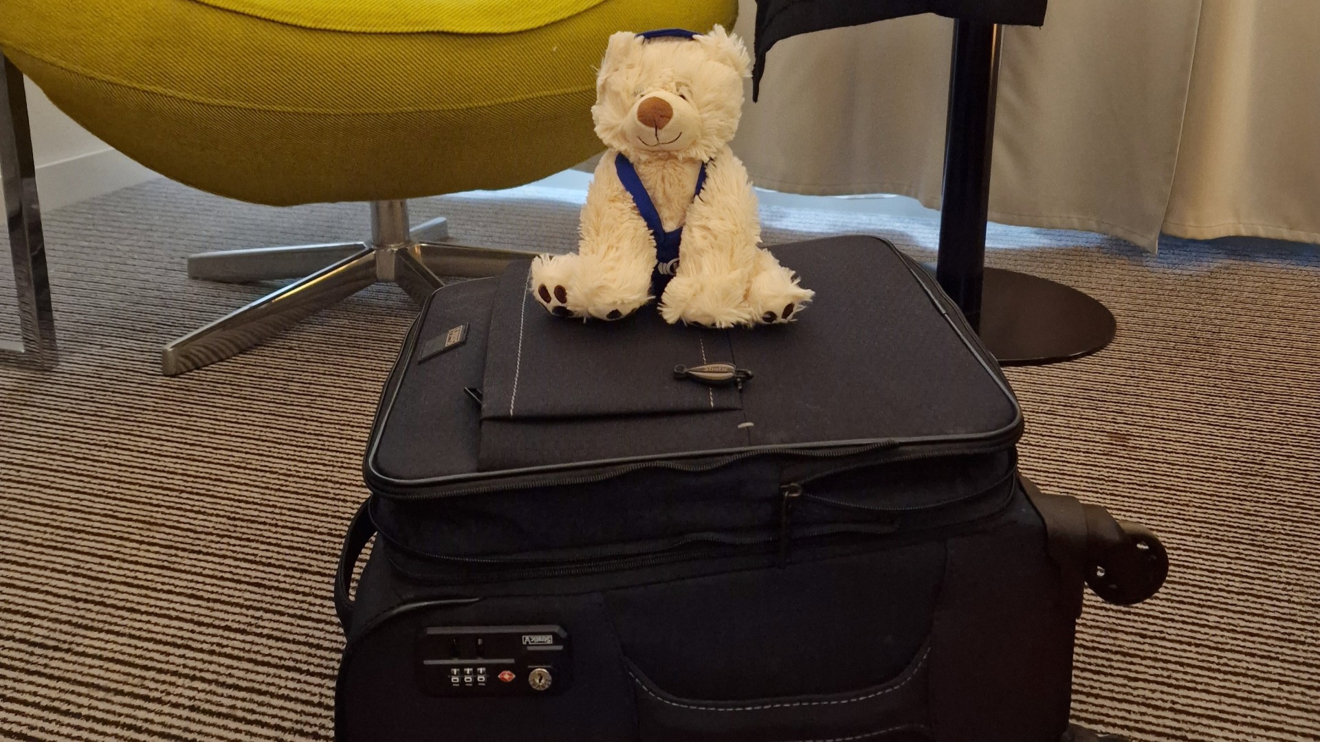 Kuscheltier auf Reisetasche in modernem Raum