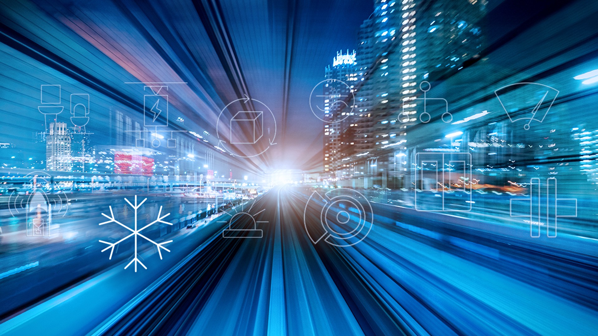 Blurred cityscape with technology icons overlay.