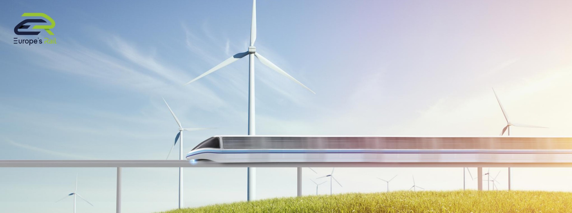 Futuristic train with wind turbines background