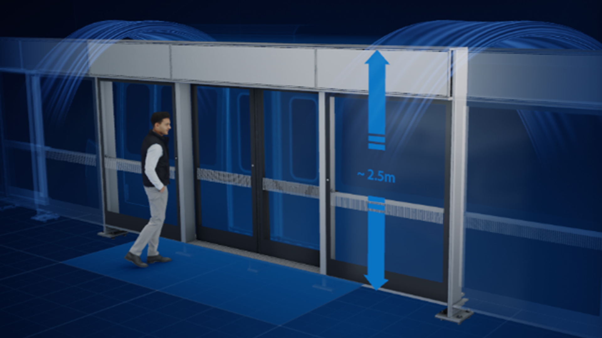 Man standing near automated glass sliding doors.
