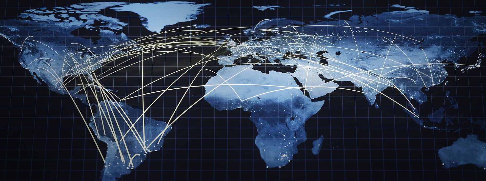 Global network connections illustrated on world map.