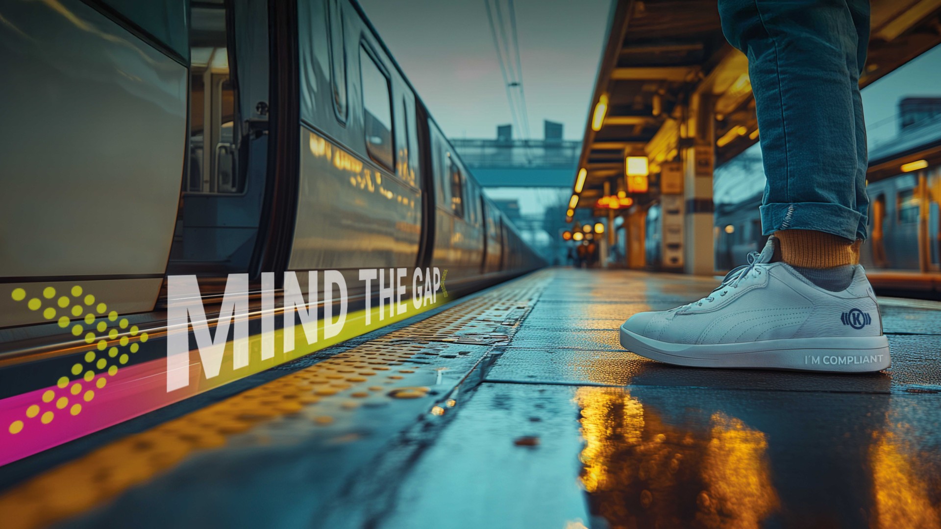 Knorr-Bremse Compliance Picture: White Sneakers with KB Logo waiting for a train