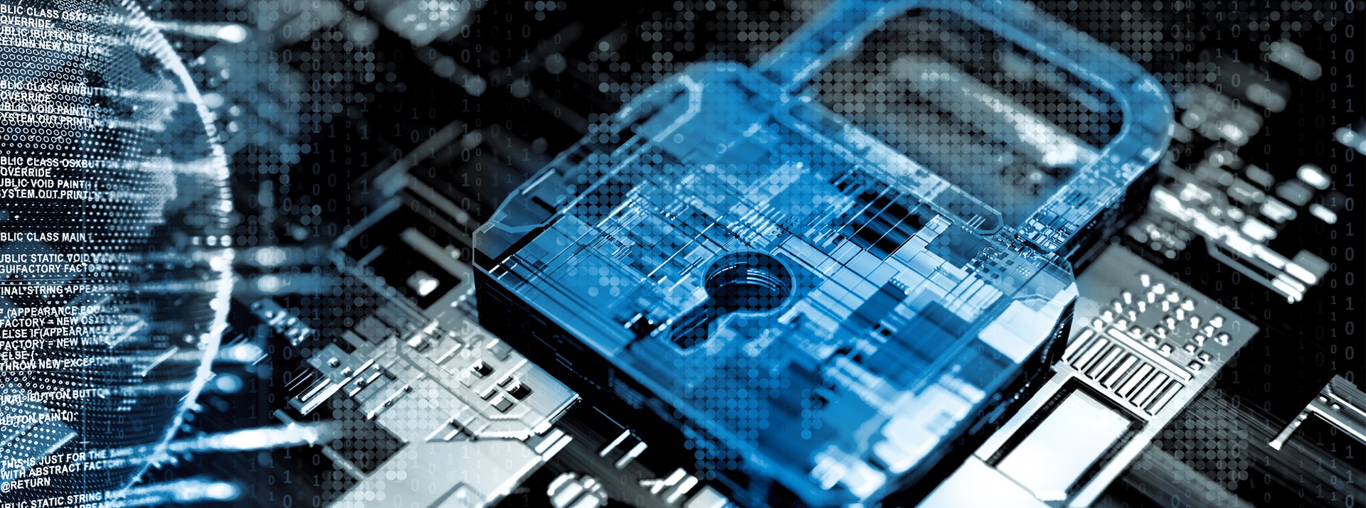 Digital padlock on computer circuit board backdrop.