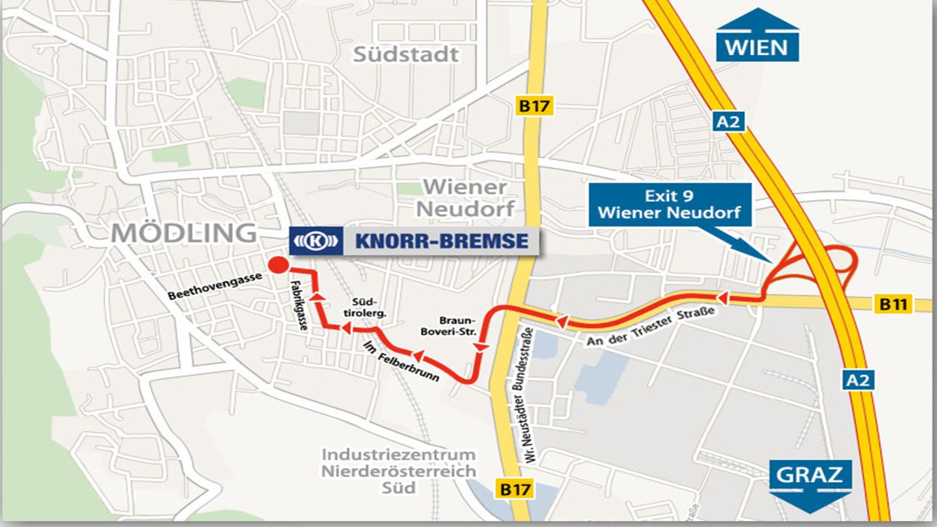 Karte mit Wegbeschreibung zu Knorr-Bremse in Mödling.