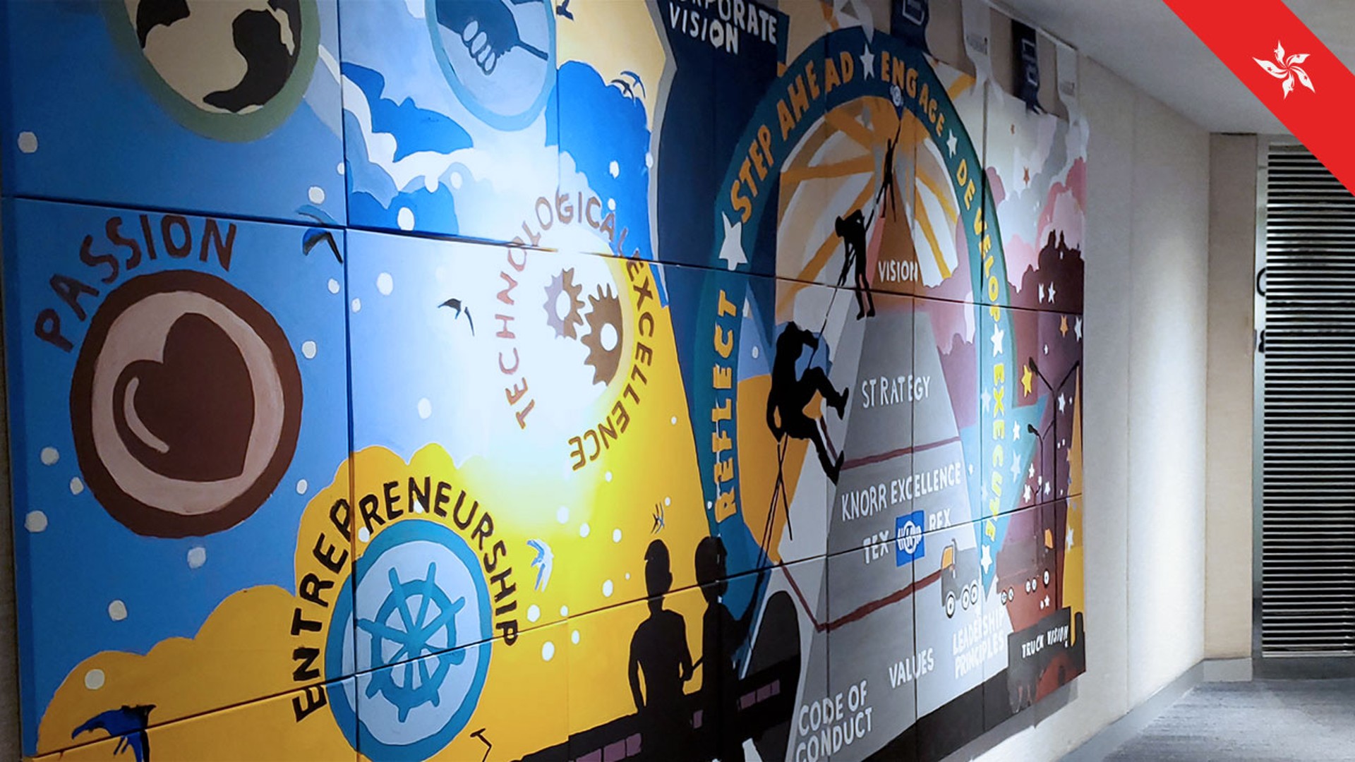 Colorful mural illustrating corporate values and vision.
