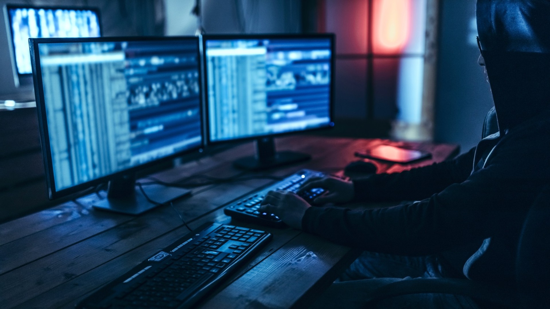 Person using dual monitors in dark room.