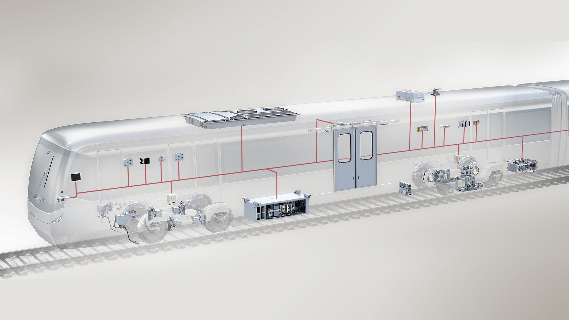 Train cross-section illustrating internal components and systems.