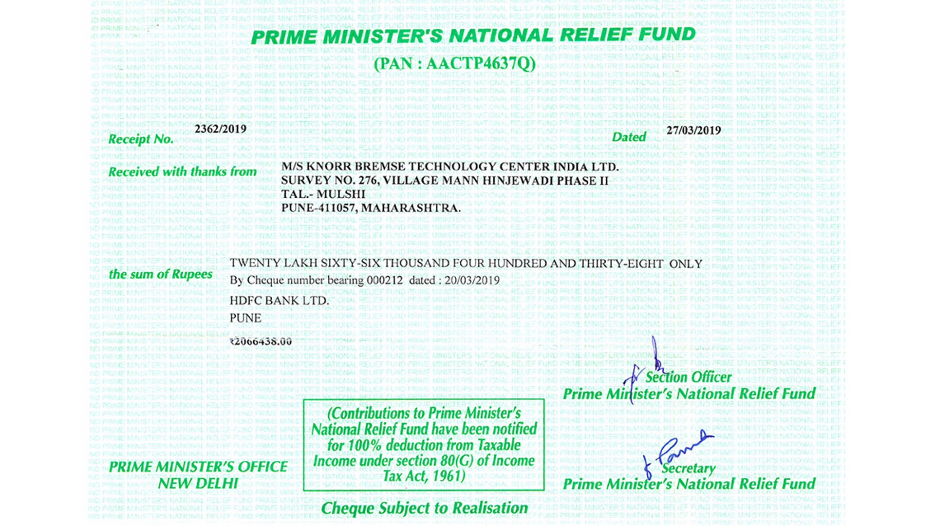 Donation receipt for Prime Minister's National Relief