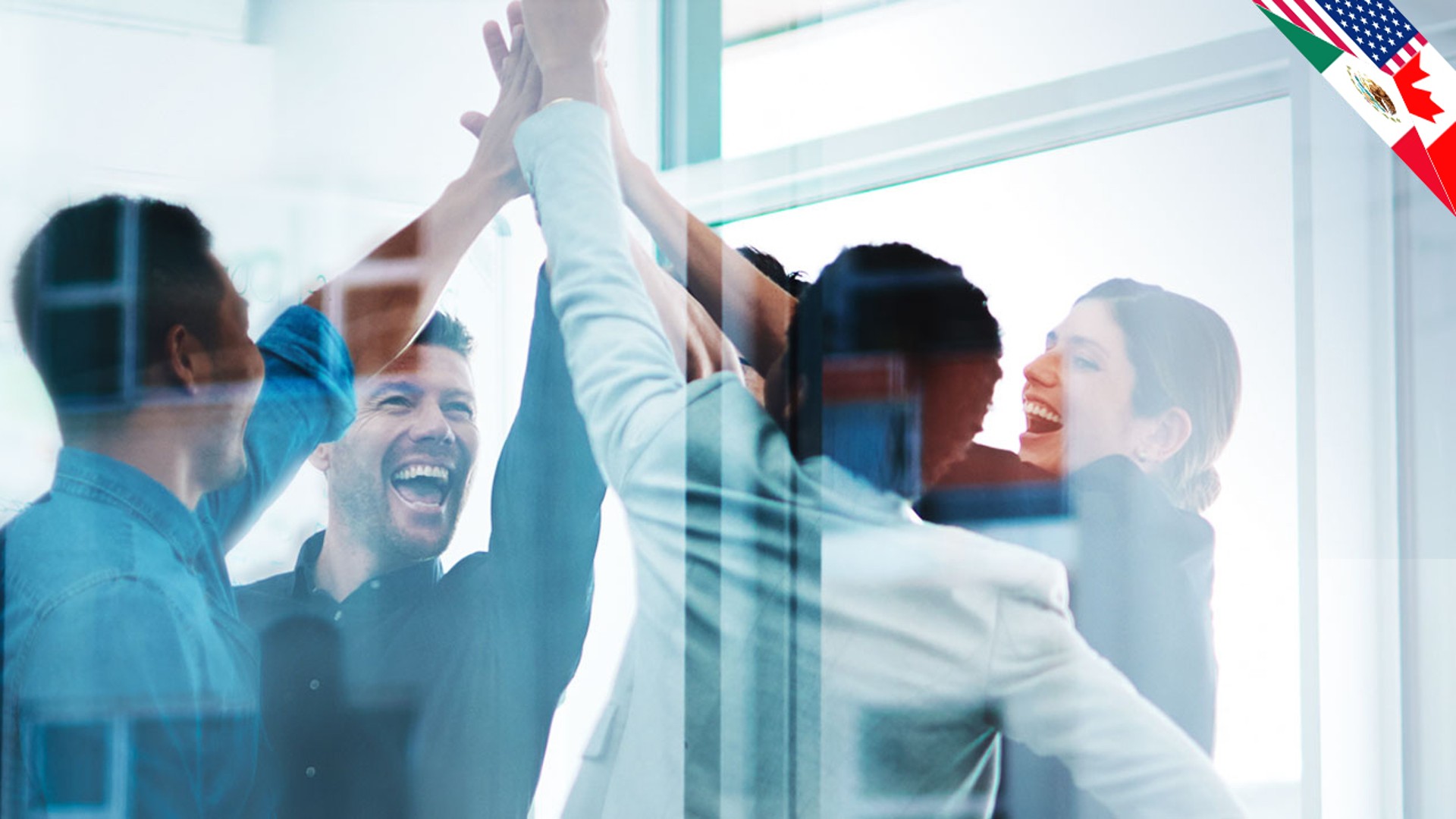Team celebrating success with high-five gestures.