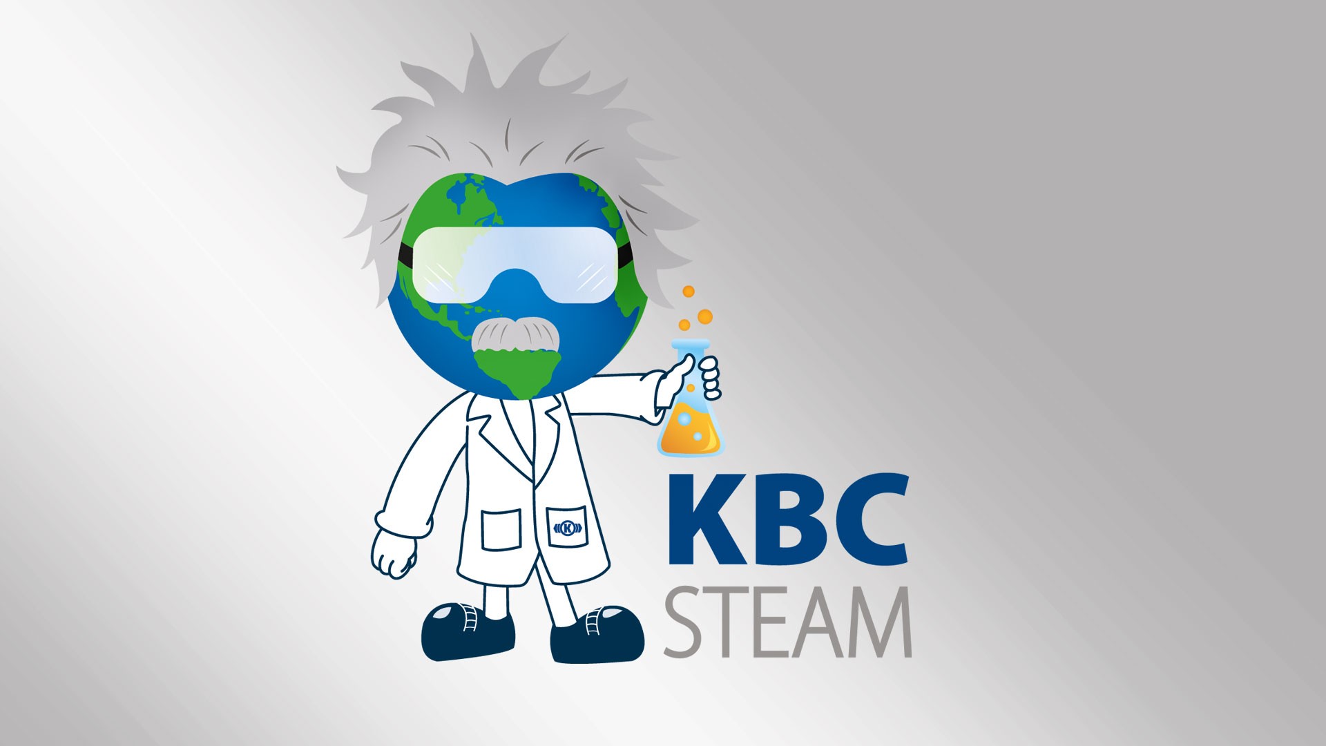 Cartoon scientist with globe head holding flask