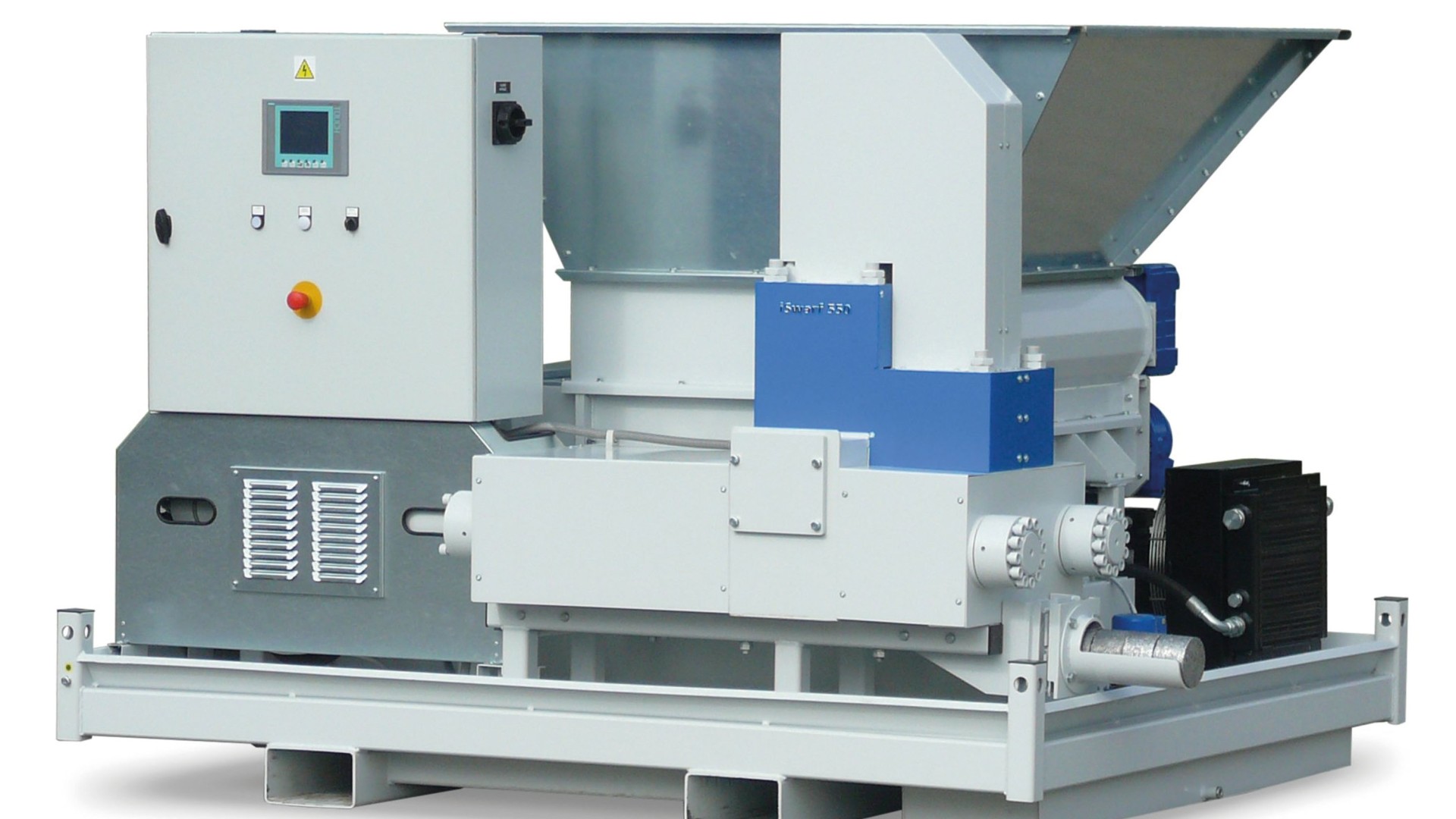 Industrial machine with control panel and hopper
