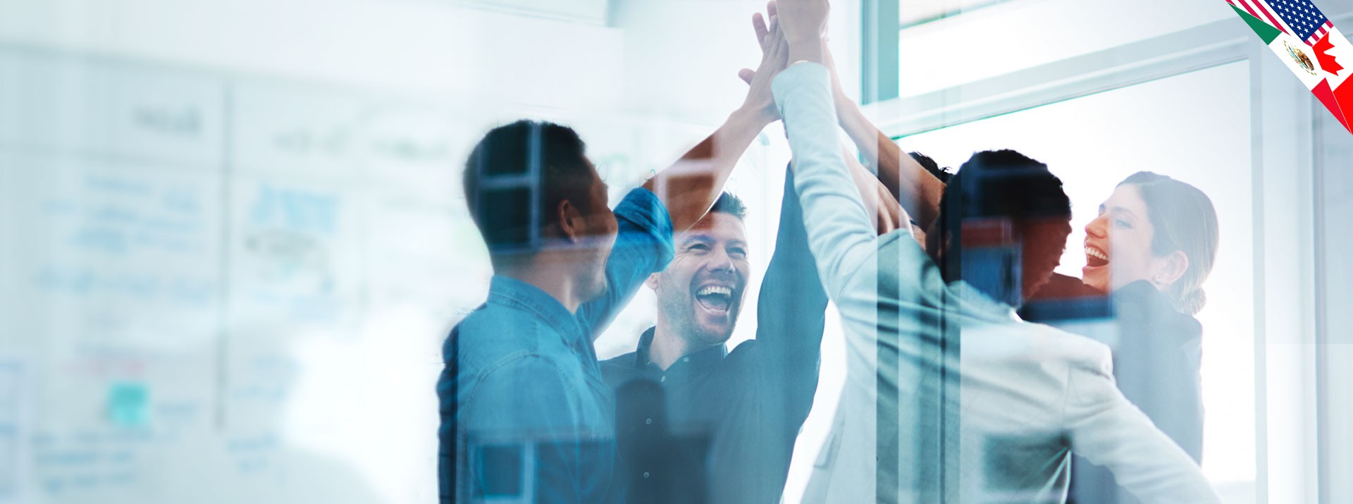 Team celebrating success with high-five gestures.