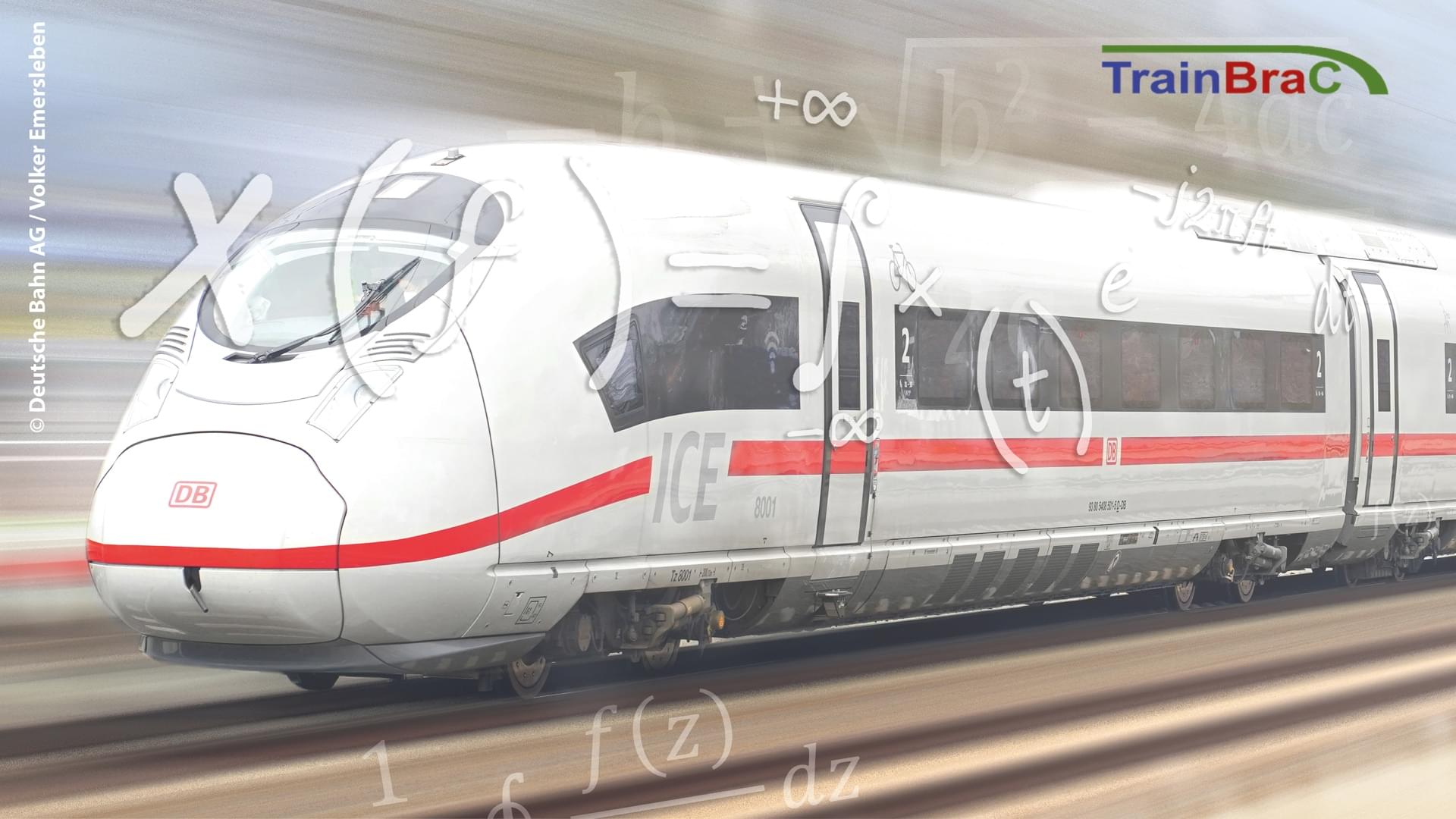 Überarbeitetes Bild eines ICE der DB versehen mit Formeln und dem TrainBraC Logo