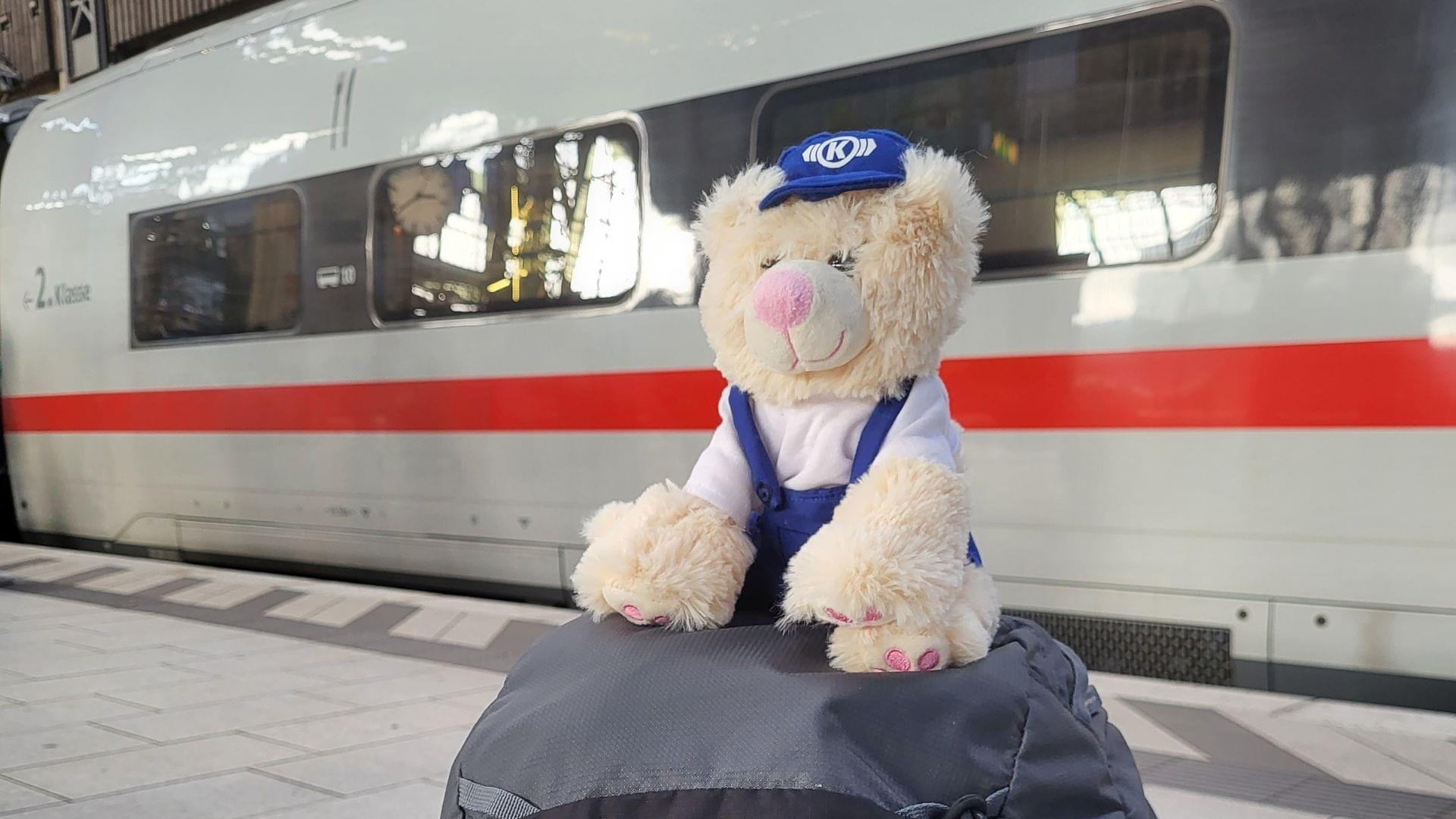 Knorr-Berta sitting on a backpack at the central station in Hamburg