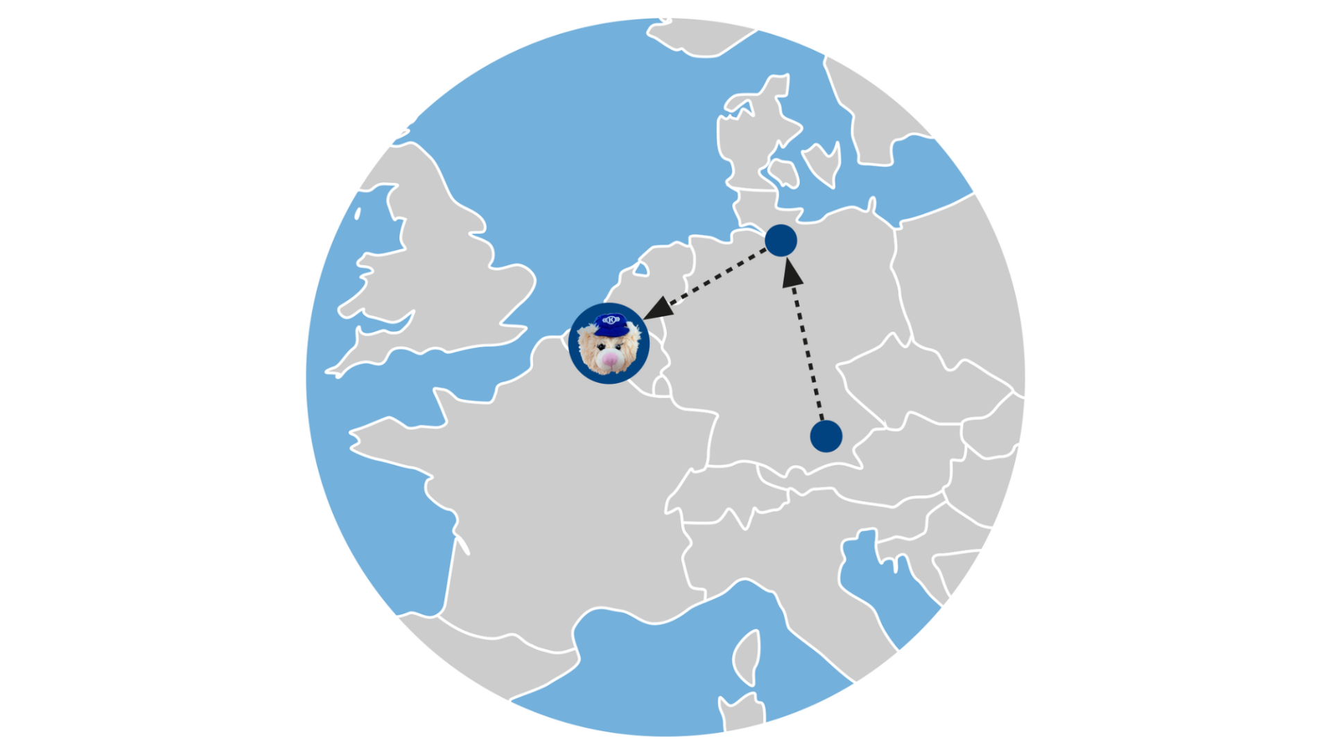 Knorr-Berta on a europe map with current location in Brussels