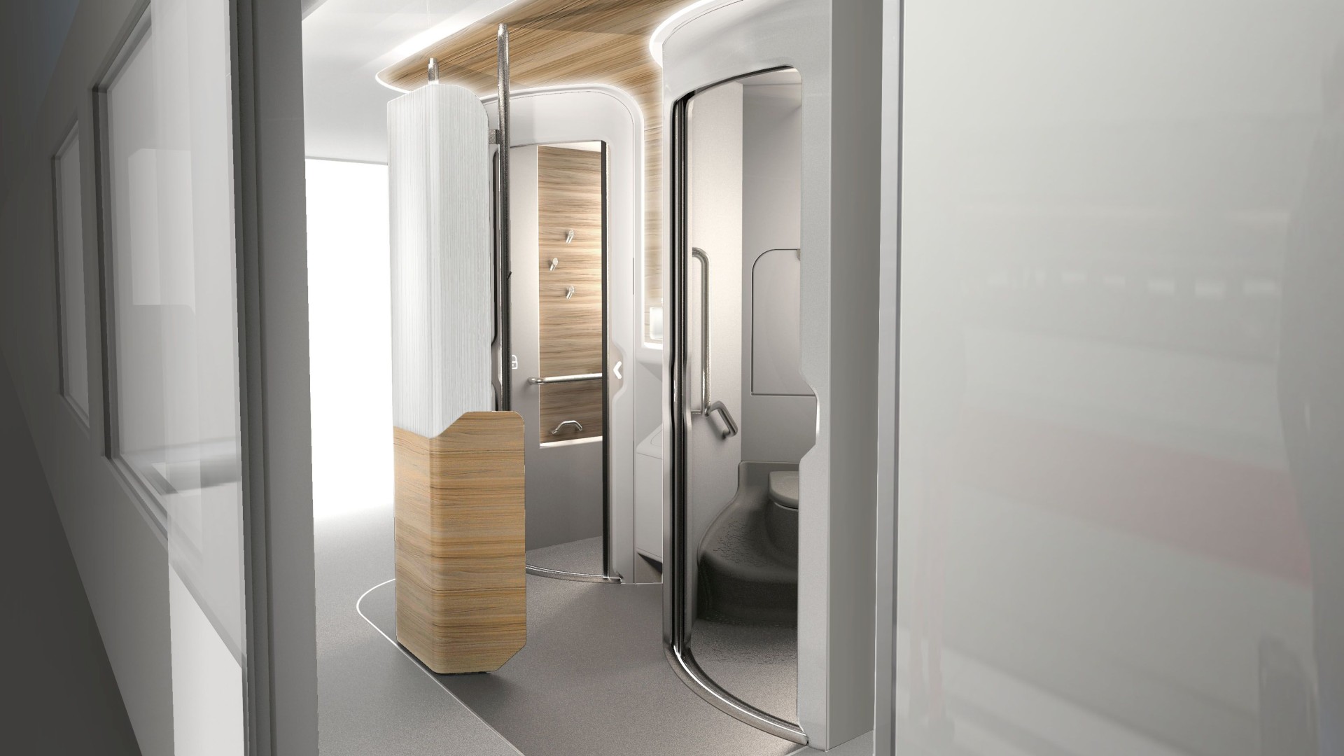 Modern train bathroom interior design concept rendering.